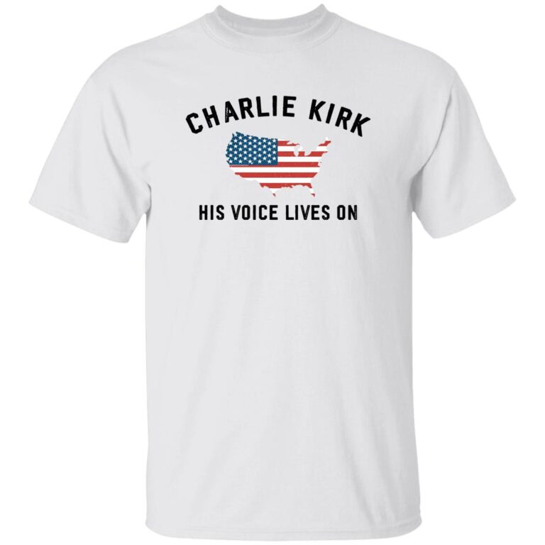 White t-shirt with 'Charlie Kirk His Voice Lives On' text and American flag design on a white background
