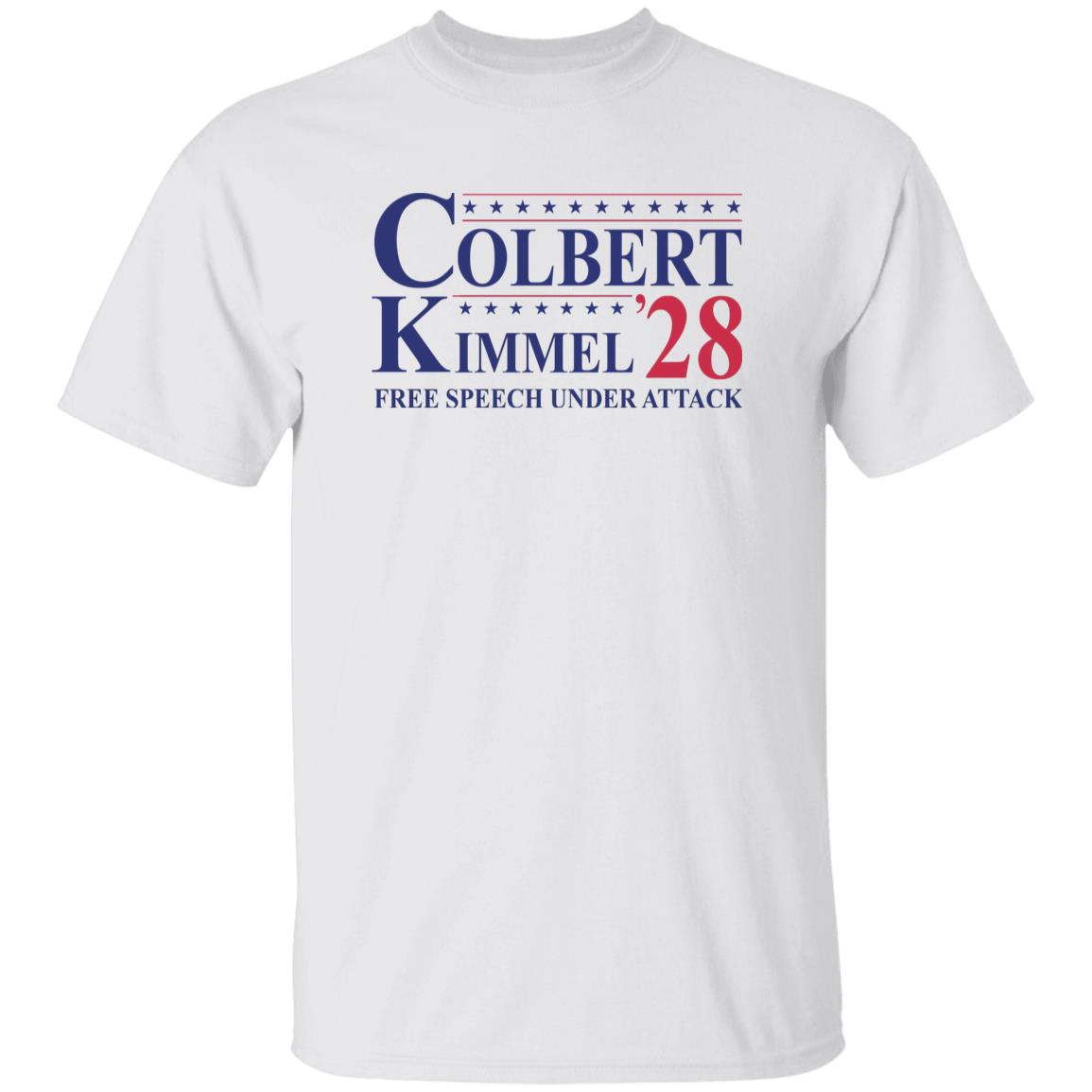 White t-shirt with 'Colbert Kimmel 28 Free Speech Under Attack' text on a white background