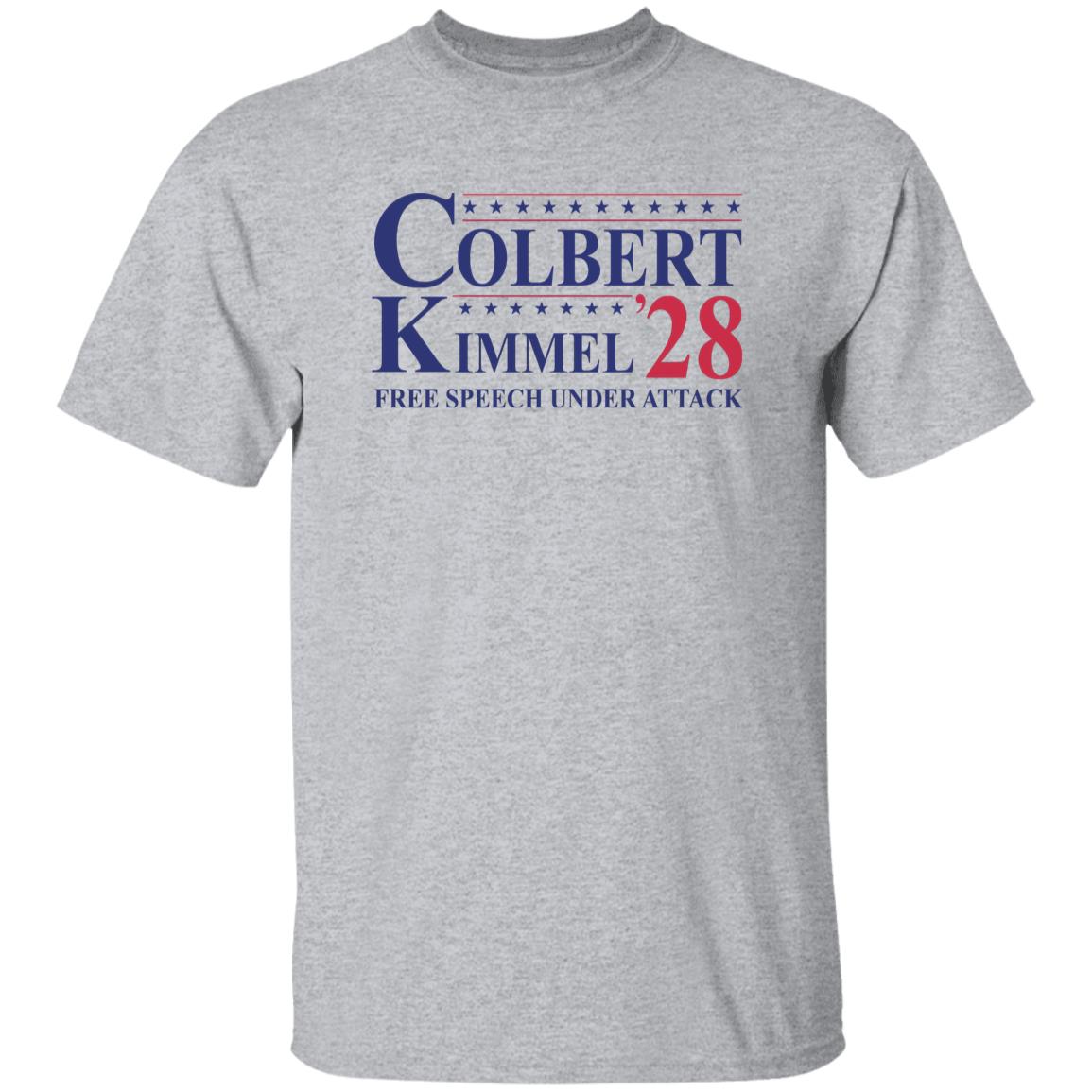 Gray t-shirt with 'Colbert Kimmel 28 Free Speech Under Attack' text on a white background