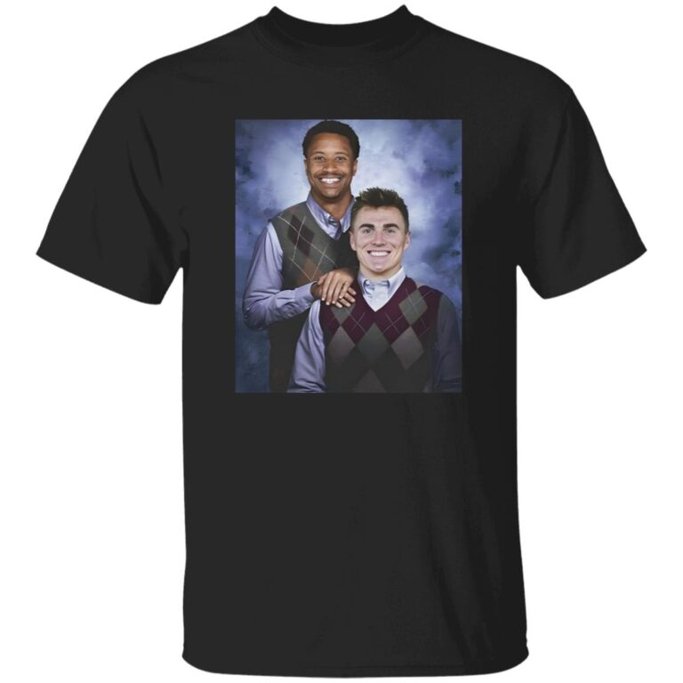 Black t-shirt with a graphic of two men holding hands on a blue and purple gradient background.