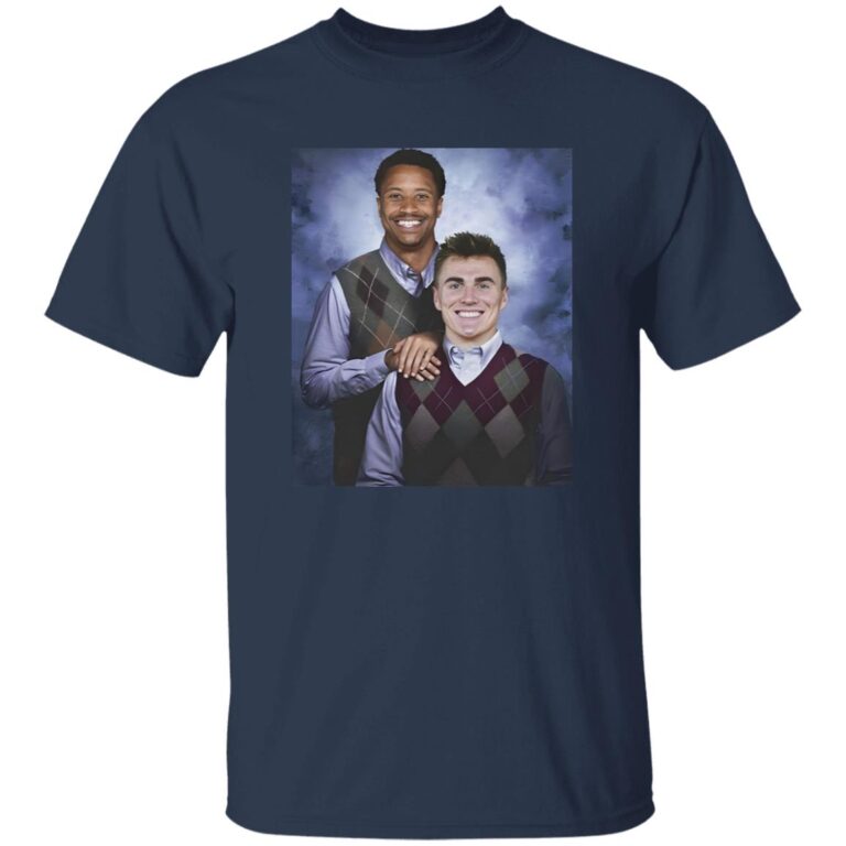 Navy blue t-shirt with a graphic of two men in sweaters on a white background