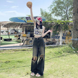 Women's Denim Pants  Loose Folded Frayed Floor-Length Wide-Leg Trousers