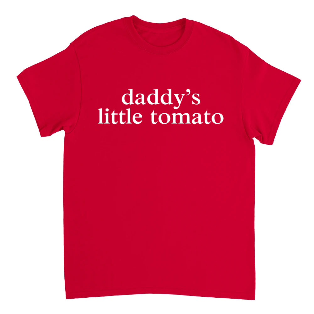 Red t-shirt with 'daddy's little tomato' text on a white background