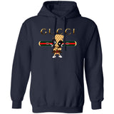 Navy blue hoodie with Gucci logo and character design on a white background