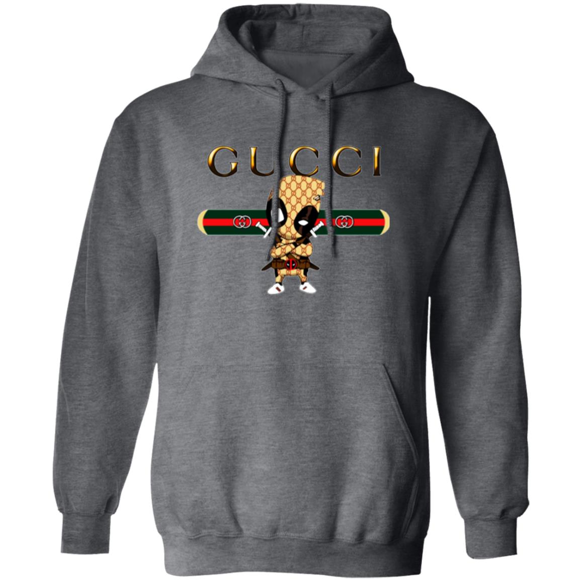 Gray hoodie with Gucci logo and cartoon character on a white background