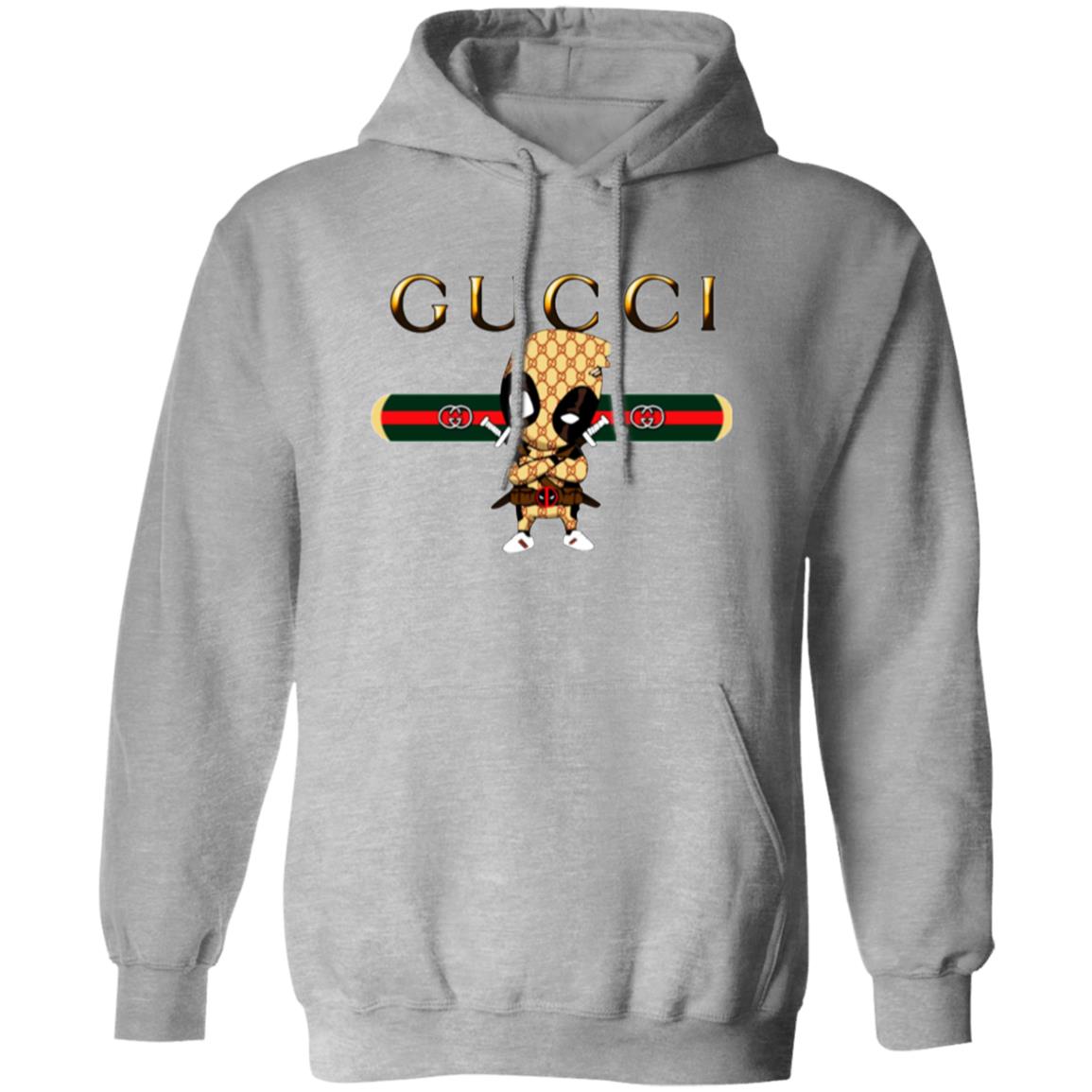 Gray hoodie with Gucci logo and character design on a white background
