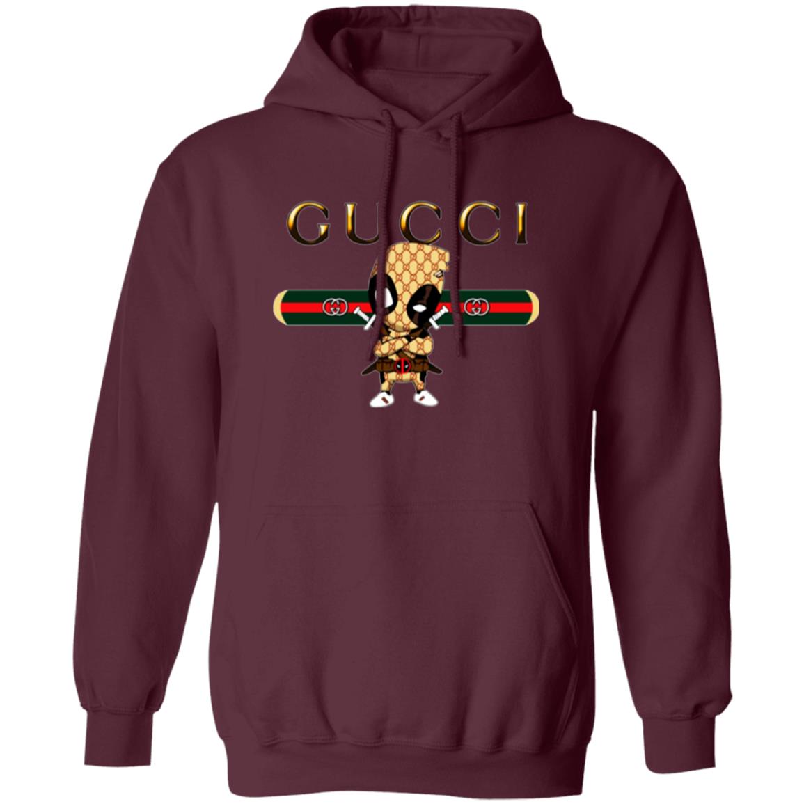 Maroon hoodie with Gucci logo and character design on a white background