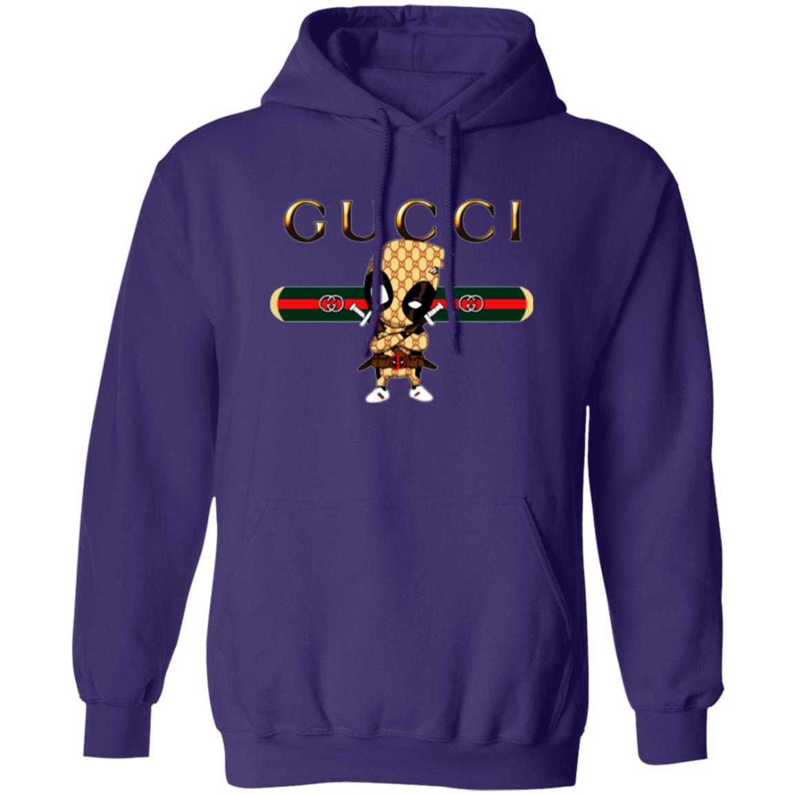 Purple hoodie with Gucci logo and character design on a white background