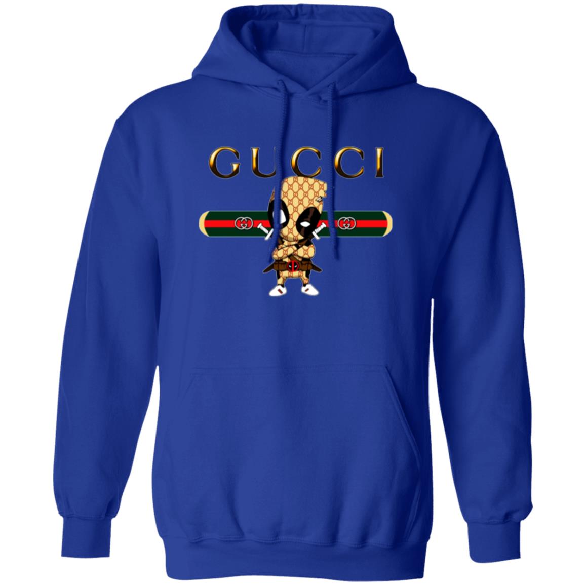 Blue hoodie with Gucci logo and character design on a white background