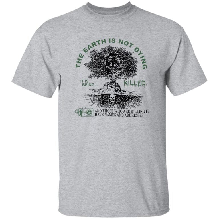 Gray t-shirt with graphic design and text on a white background