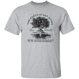 Gray t-shirt with graphic design and text on a white background