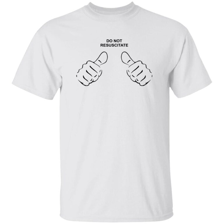 White t-shirt with black text and graphics on a white background