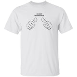 White t-shirt with black text and graphics on a white background