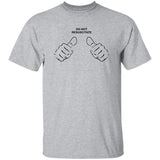 Gray t-shirt with black text and graphics on a white background