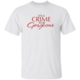 White t-shirt with red and black text on a white background