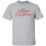 Gray t-shirt with red and black text on a white background