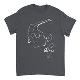 Dark gray t-shirt with a white line drawing of a hand and signature on a white background