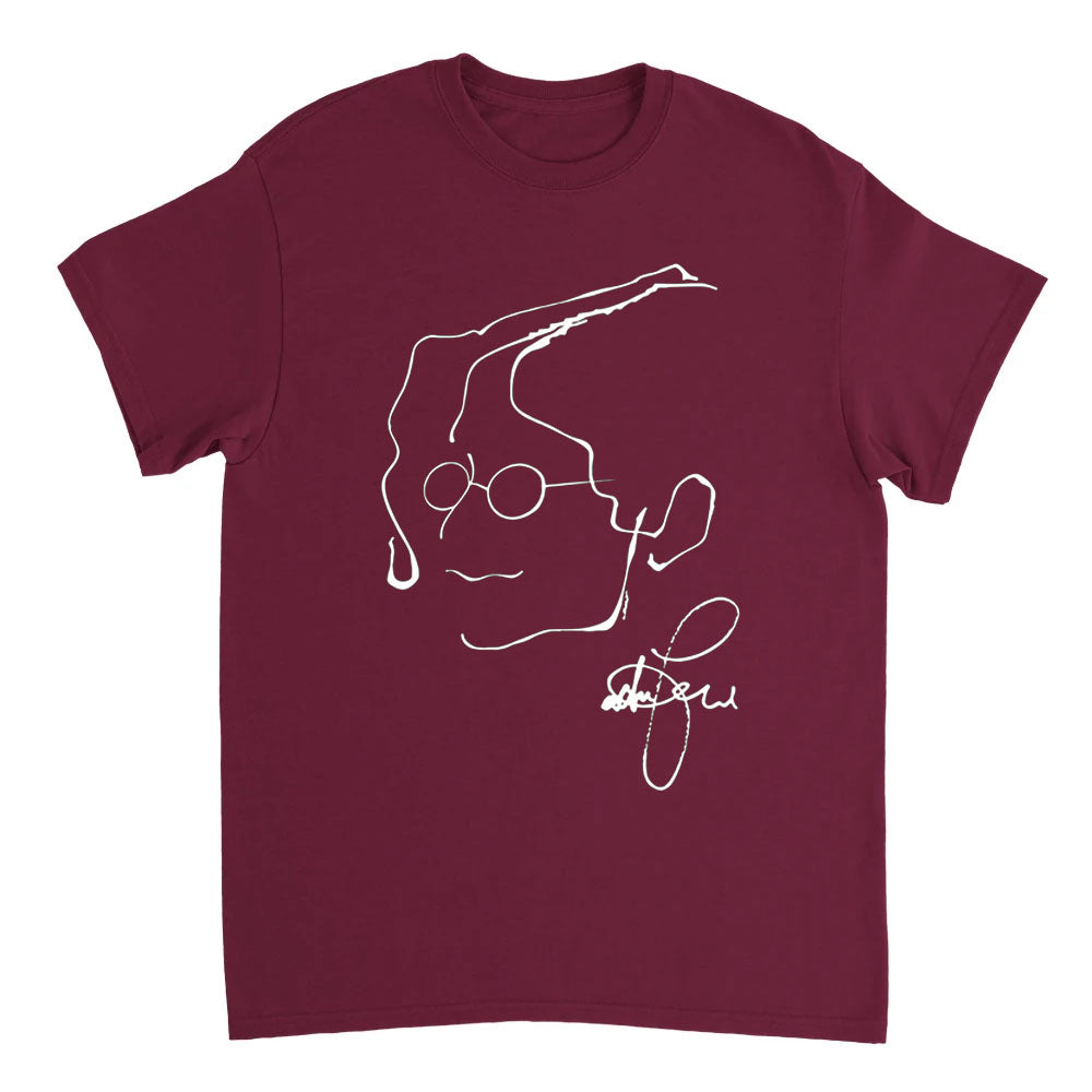 Maroon t-shirt with a white line drawing of a face on a white background