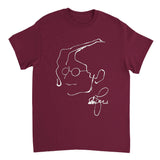 Maroon t-shirt with a white line drawing of a face on a white background