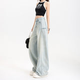Tencel Wide-Leg Patchwork Jeans Spring Soft Skin-Friendly Drapey Knife-Edge Straight Leg Floor-Length Pants