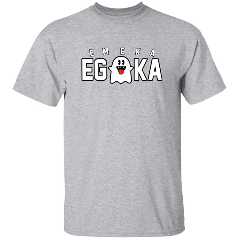 Gray t-shirt with 'EMEKA EGOKA' text and ghost graphic on a white background