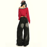 High Street  Washed Loose High-Waisted Wide-Leg Jeans for Women