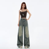 Blue Wide Leg Jeans Deconstructed Design Straight Leg Denim Pants for Women
