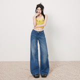 Women's Bamboo Water Washed Straight Leg Jeans Low Waist Slim Wide Leg Pants