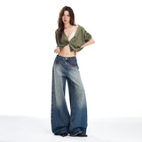 Loose Wide-Leg Denim Pants for Women with Vintage Embroidery and Stud Details,