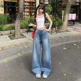 Women's Wide-Leg Floor-Length Denim Pants Washed Slim Straight Leg Trousers