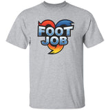 Gray t-shirt with colorful 'FOOT JOB' graphic on a white background