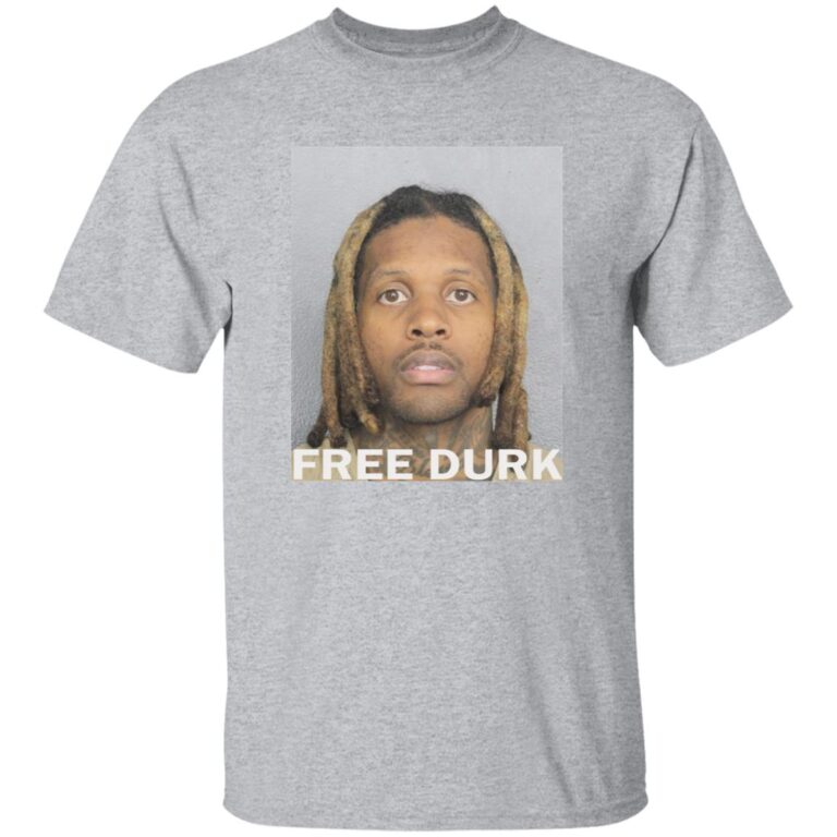 Gray t-shirt with a graphic of a person's face and 'FREE DURK' text on a white background