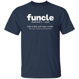 Navy blue t-shirt with white text defining 'funcle' on a white background
