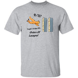 Gray t-shirt with a graphic of a plane and lasagna, text '9/11? Yeah! I'll take 9/11. Orders Of Lasagna!' on a white background.