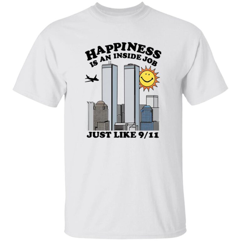 White t-shirt with graphic design and text on a white background