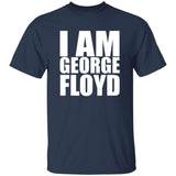 Navy blue t-shirt with 'I AM GEORGE FLOYD' text in white on a white background