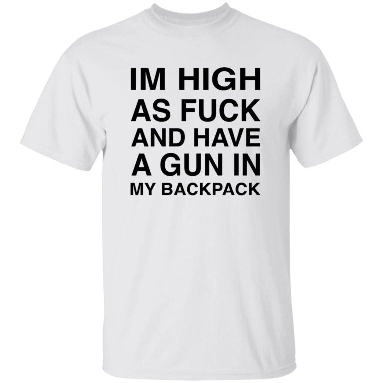 White t-shirt with black text on a white background