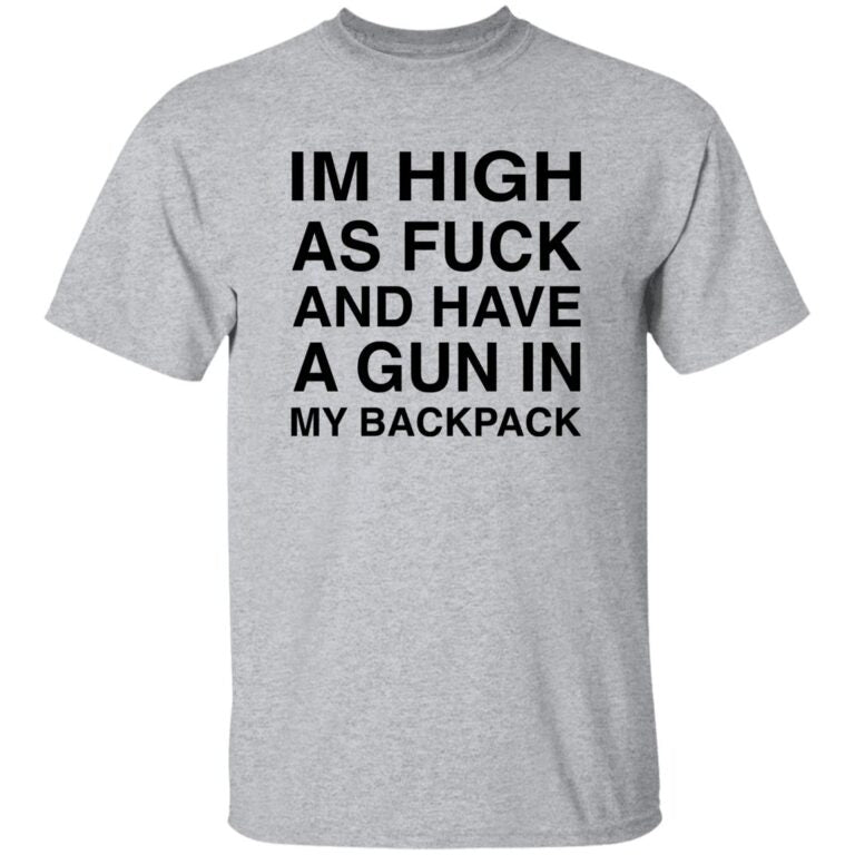 Gray t-shirt with black text on a white background