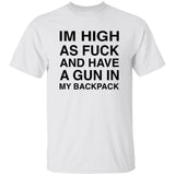 White t-shirt with black text on a white background