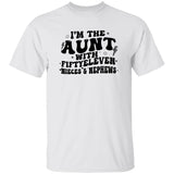 White t-shirt with black text 'I'm the aunt with fiftyeleven nieces & nephews' on a white background