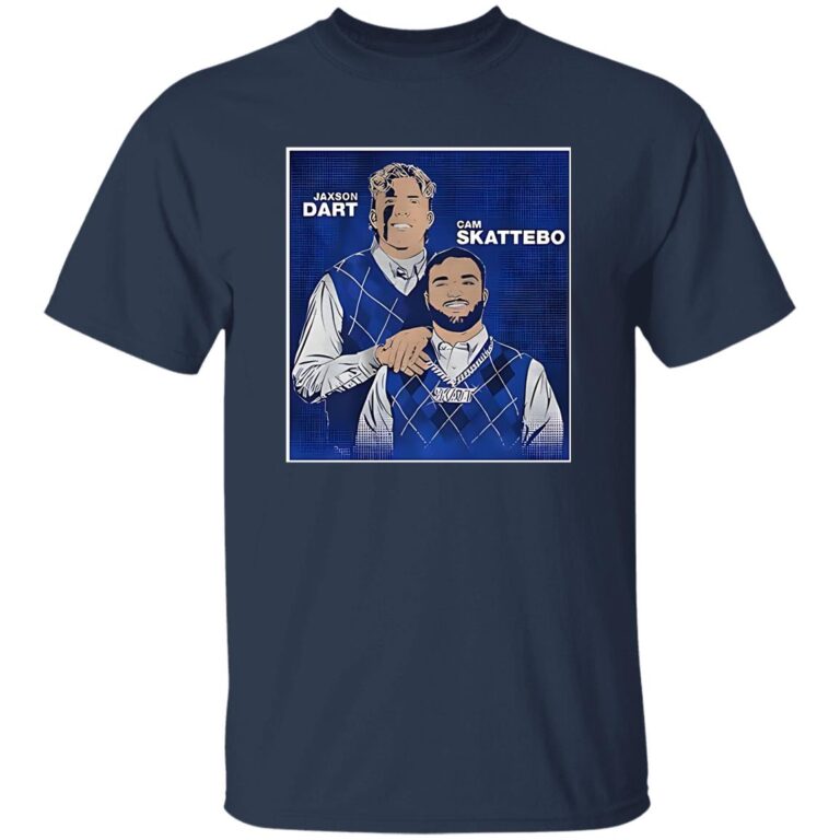 Navy blue t-shirt with graphic of two men and text on a white background