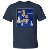 Navy blue t-shirt with graphic of two men and text on a white background