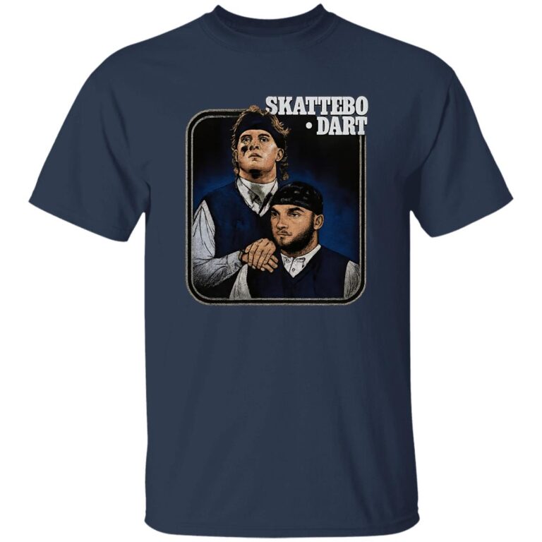 Navy blue t-shirt with graphic of two men and text 'SKATTEBO DART' on a white background