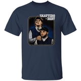 Navy blue t-shirt with graphic of two men and text 'SKATTEBO DART' on a white background