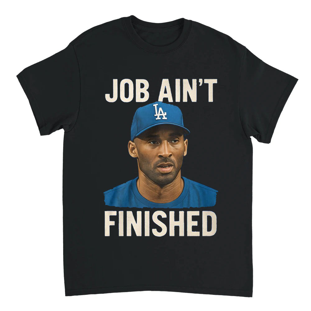 Black t-shirt with a graphic of a person wearing a blue cap and shirt, with text 'JOB AIN'T FINISHED' on a white background.