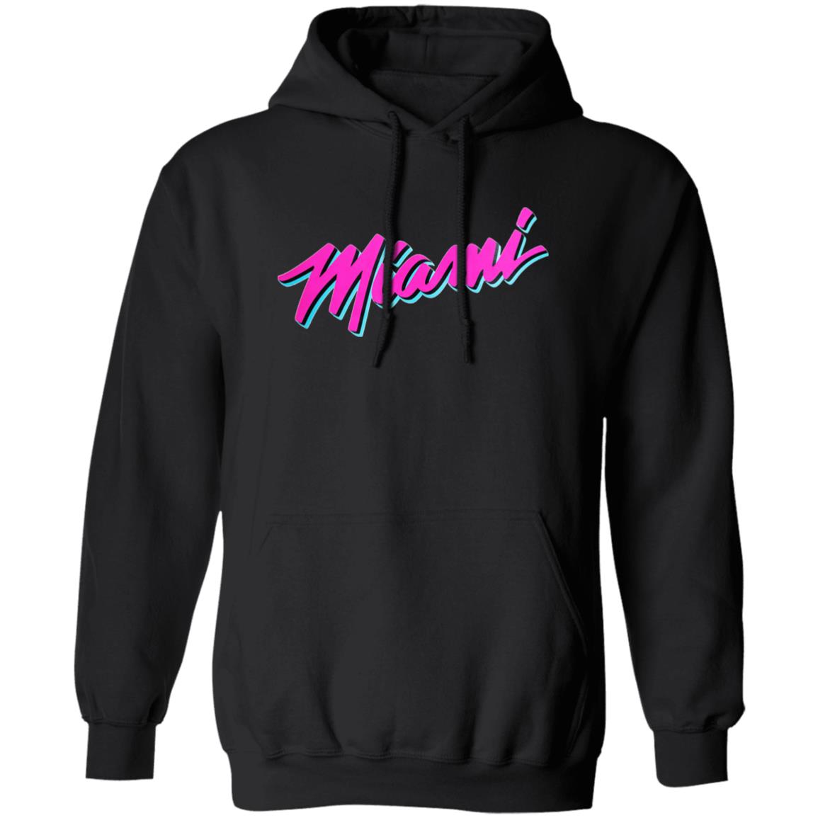 Black hoodie with 'Miami' text in colorful letters on a white background