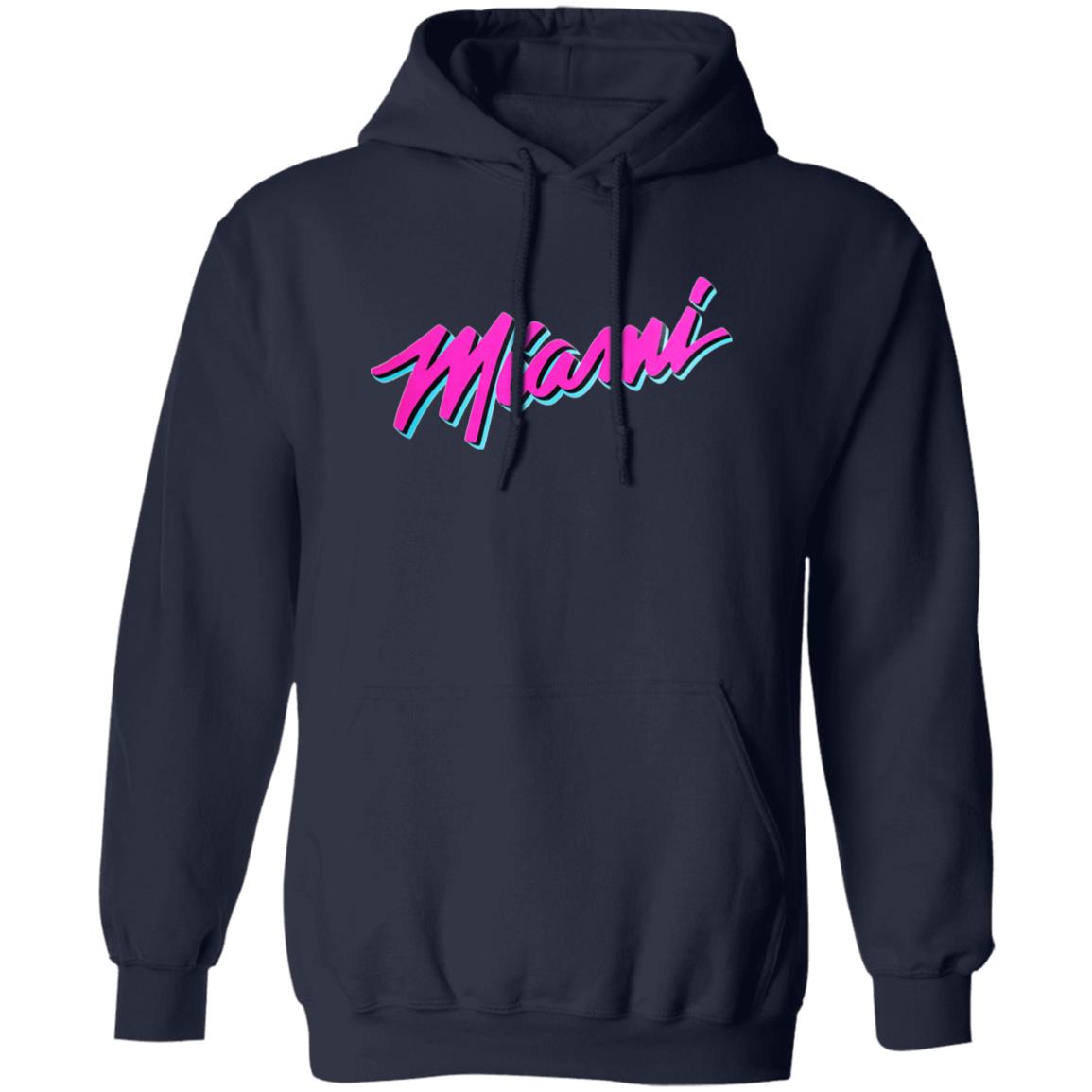 Navy blue hoodie with 'Miami' text in pink and blue on a white background
