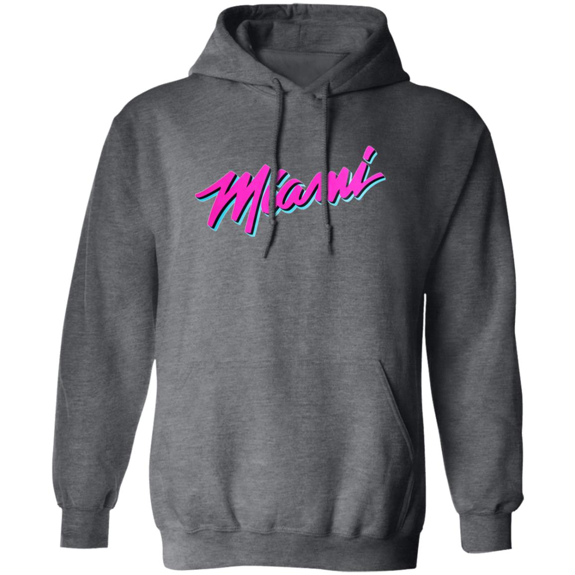 Gray hoodie with 'Miami' text in pink and blue on a white background