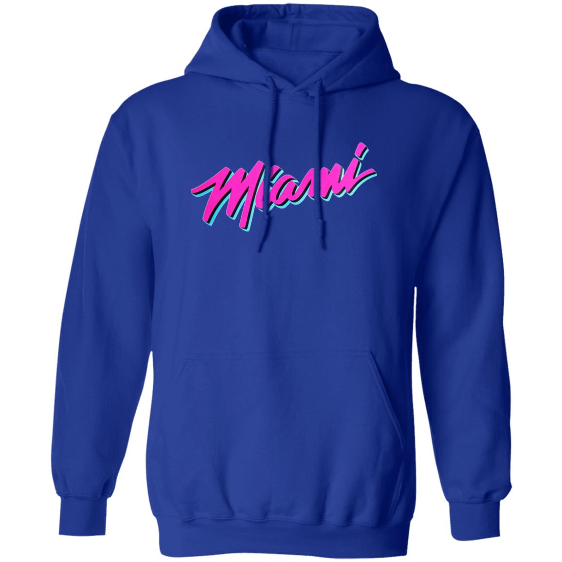 Blue hoodie with 'Miami' text in pink and blue on a white background