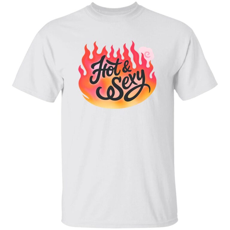 White t-shirt with 'Hot & Sexy' design in flames on a white background